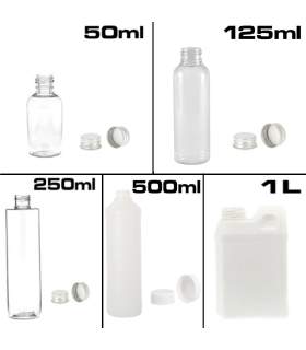 Plastic flessen en blikjes van 50ml tot 1 liter