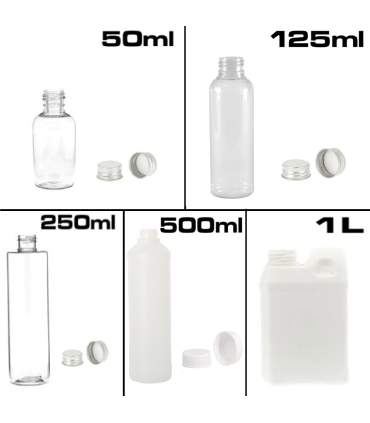 Plastic blikjes en flessen van 50 ml tot 1 liter